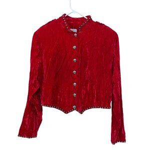 Vtg 90's Women's Large Crushed Red Velvet Studded Red Cropped Button Blazer Rare